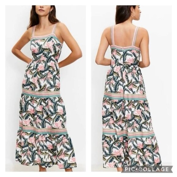 LOFT Paradise Tropical Tiered  Maxi Dress Sleeveless Green - Picture 1 of 15
